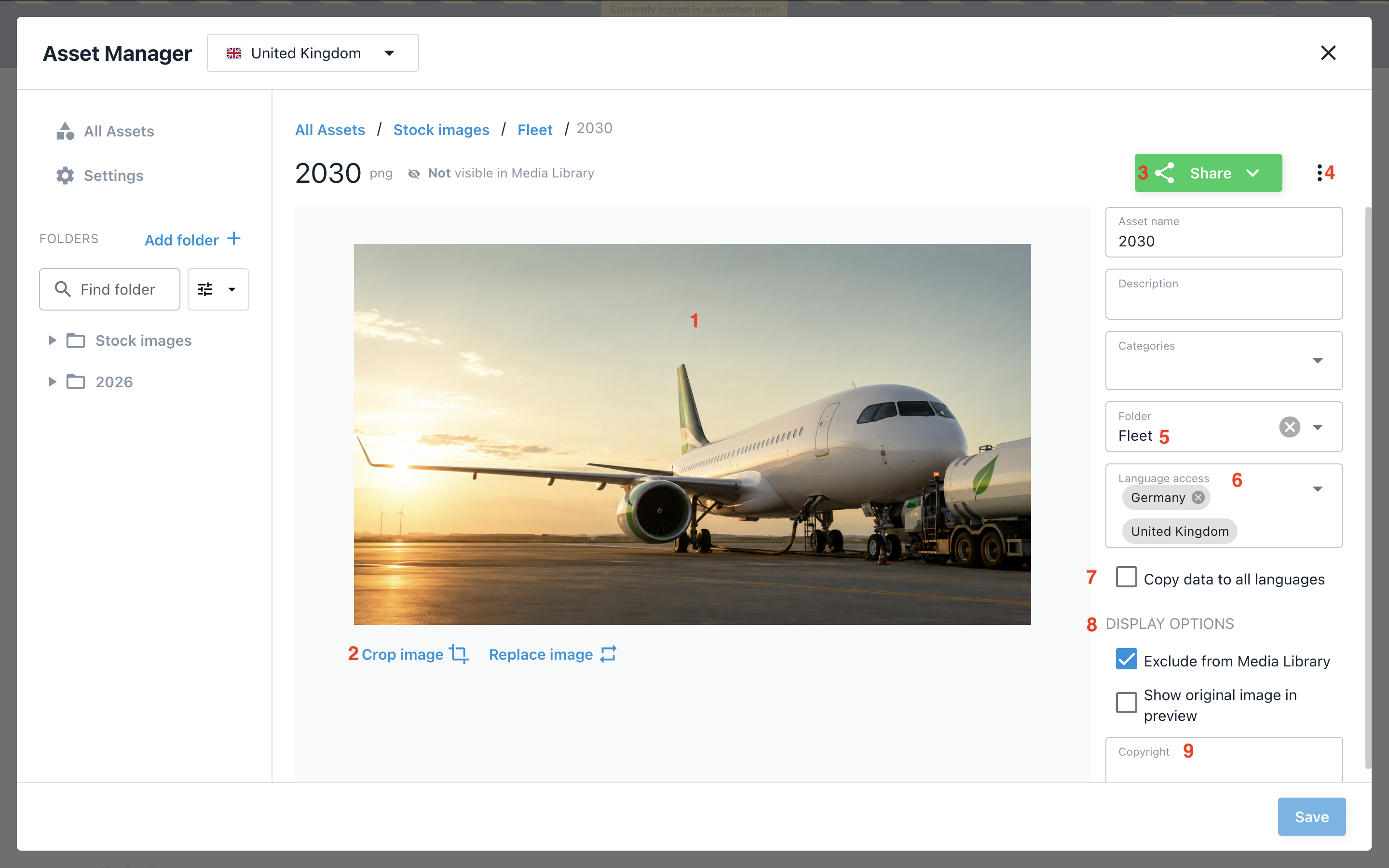 The asset detail page showing the preview area with Crop image and Replace image links, the Share button, the menu icon, and the fields panel with Folder, Language access, Display options, and Copyright.