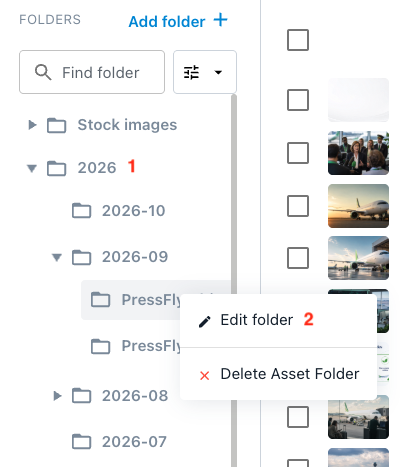 A nested folder structure in the side menu with a folder's right-click menu open, showing Edit folder and Delete Asset Folder options.