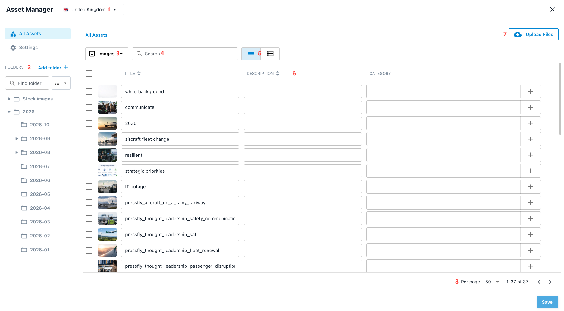 The Asset Manager in list view, showing the folders sidebar, media type filter, search field, list and thumbnail view toggles, Upload Files button, and pagination controls