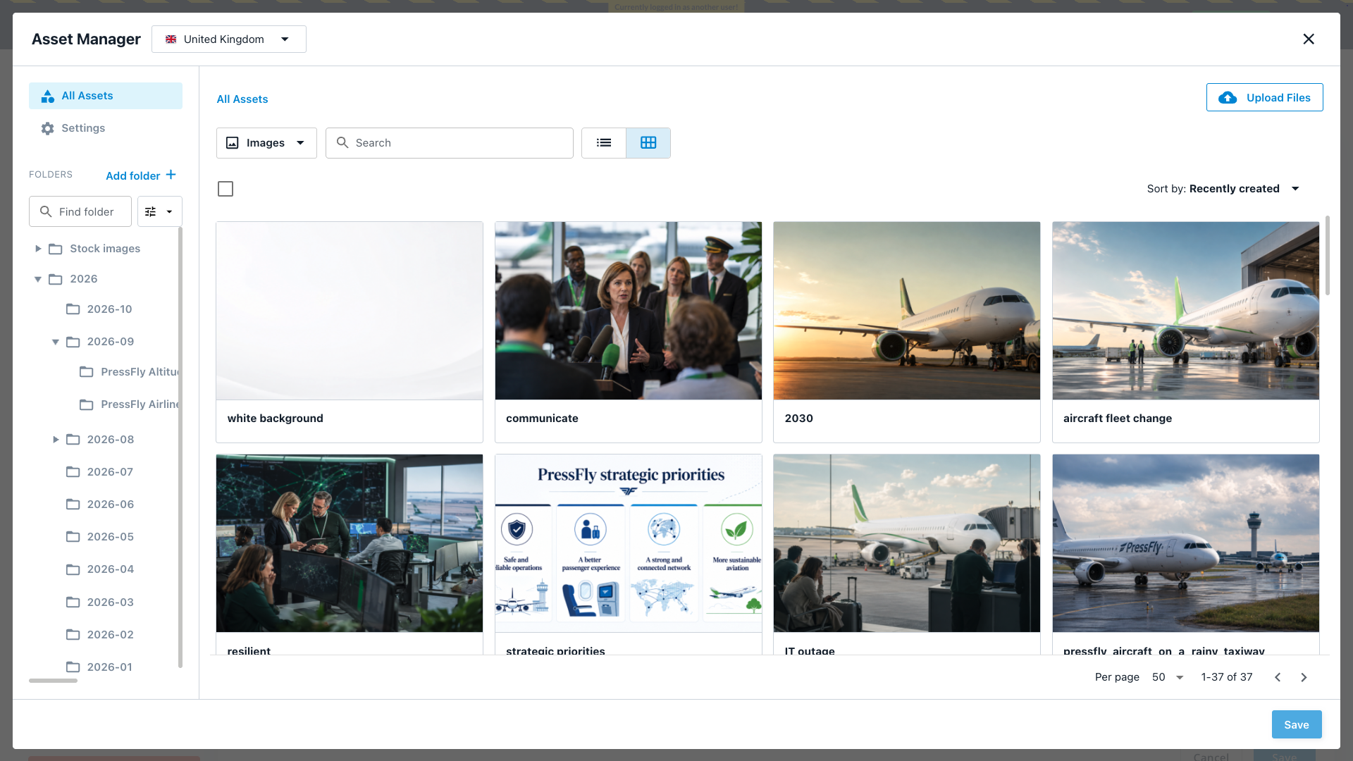 Assets Manager's thumbnail view, showing image cards with a Sort by option.