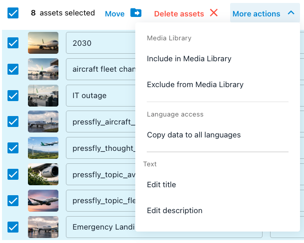 The More actions dropdown open above a selected list of assets, showing its three groups: Media Library with Include and Exclude options, Language access with Copy data to all languages, and Text with Edit title and Edit description.