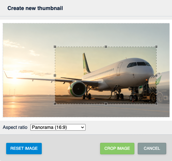 The Create new thumbnail window showing an image with a draggable selection area, an Aspect ratio dropdown, and Reset image, Crop image, and Cancel buttons
