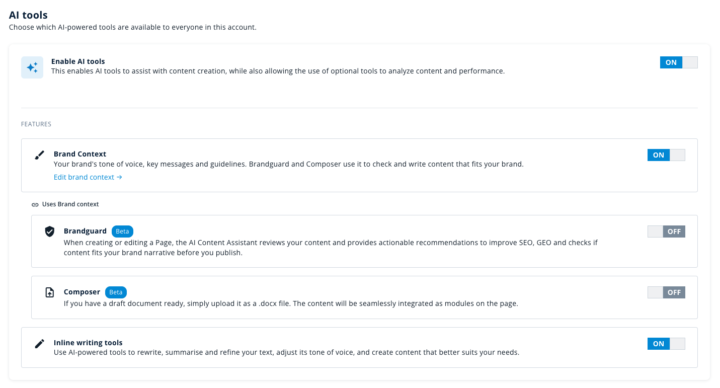 The AI tools page in Presspage Account settings, showing the Enable AI tools toggle and the Brand Context, Brandguard, Composer and Inline writing tools features.