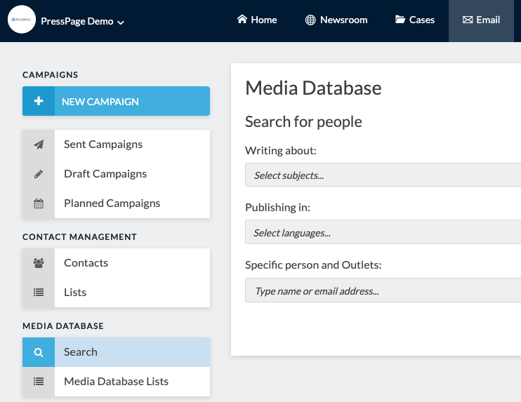 email section with media database highlighted